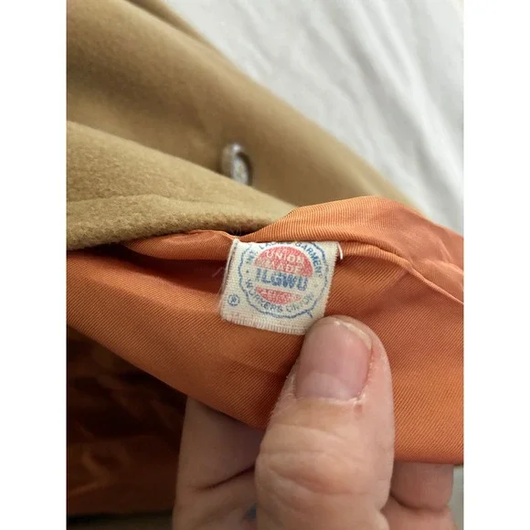 Vintage Montgomery Ward Camel Wool Pea Coat Double Breasted Orange Lining ILGWU - Picture 14 of 16